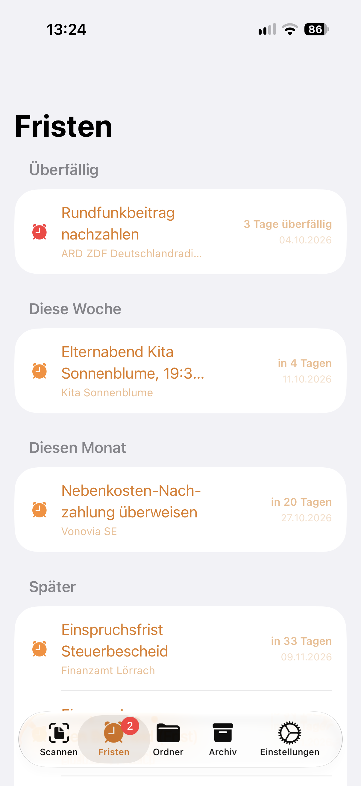 Fristen-Tab mit anstehenden Terminen