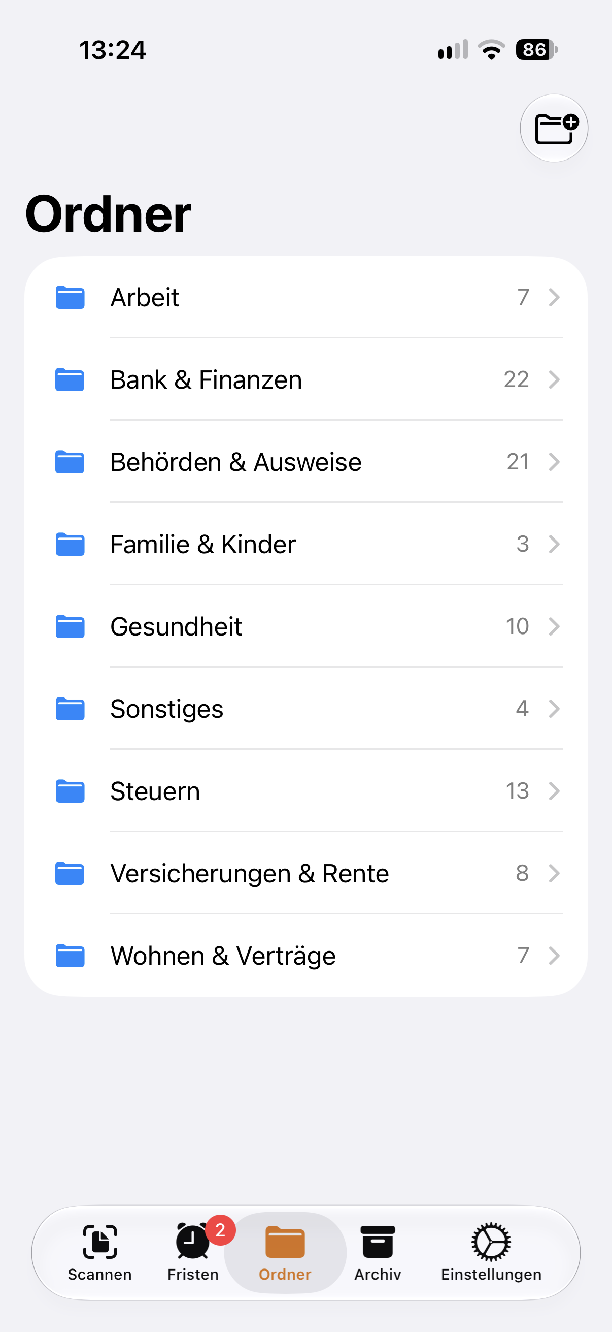 Ordner-Ansicht mit sortierten Briefen