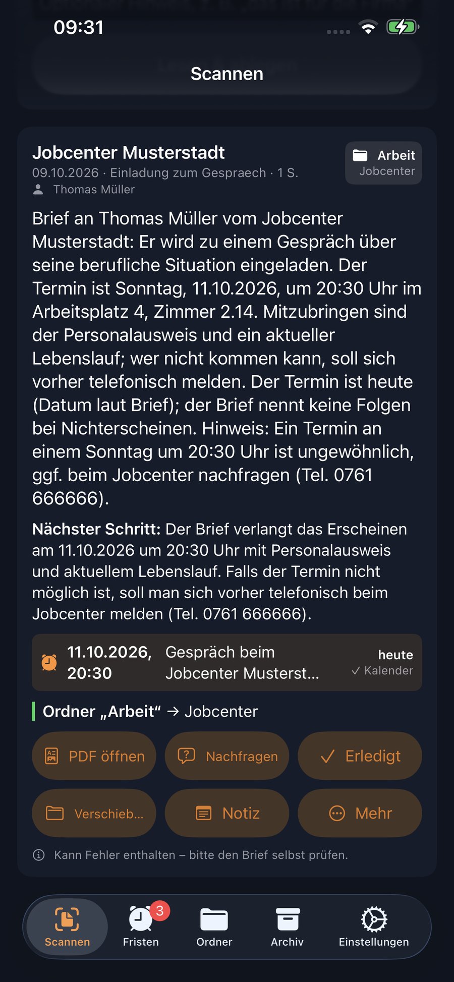 Scan-Ergebnis eines Jobcenter-Briefes