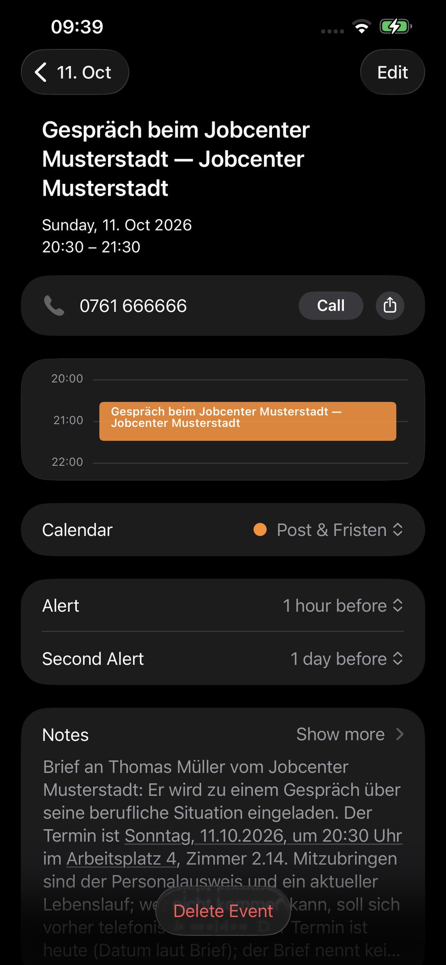 Von Brief-ly angelegter Termin im Apple Kalender