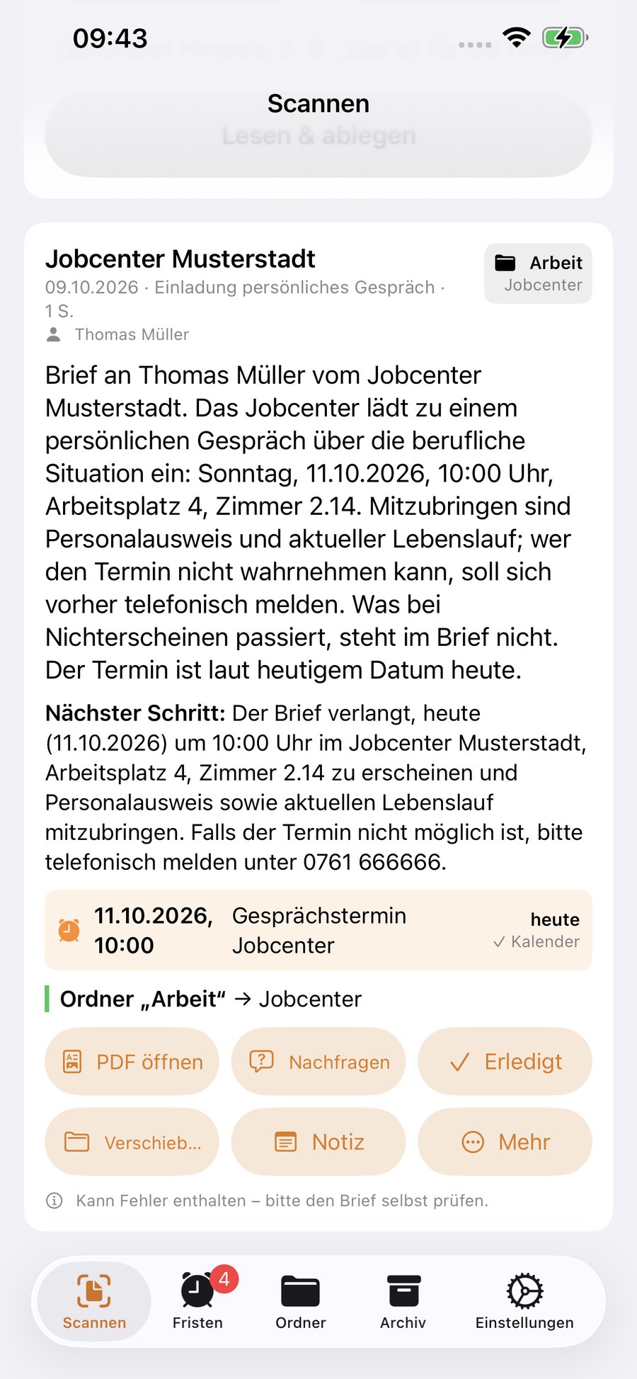 Scan-Ergebnis eines Jobcenter-Briefes